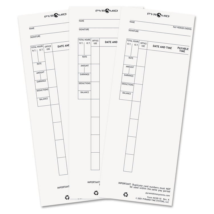 Pyramid Technologies Time Clock Cards for Pyramid Technologies 4000, One Side, 3.5 x 8.5, 100/Pack (PTI4410010)
