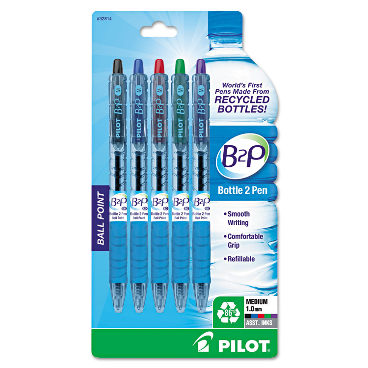 Pilot B2P Bottle-2-Pen Recycled Ballpoint Pen, Retractable, Medium 1 mm, Assorted Ink Colors, Translucent Blue Barrel, 5/Pack (PIL32814)