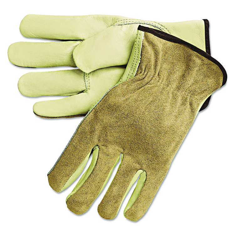 MCR Safety Dual Leather Industrial Gloves, Gunn Cut, Keystone Thumb, Large, Cream/Russet, 12 Pairs (MPG3205L)