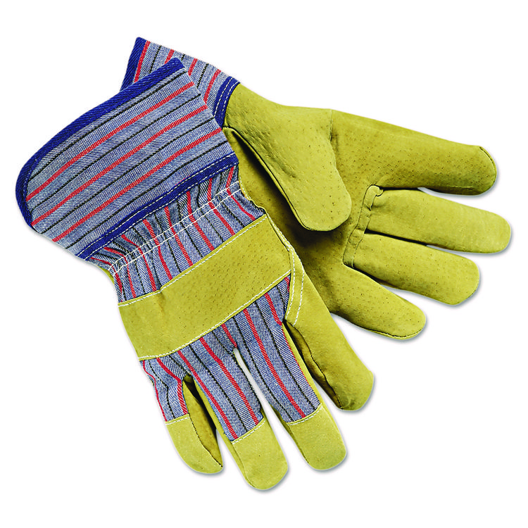 MCR Safety Grain-Leather-Palm Gloves, Gunn Cut, Wing Thumb, Large, Red/Blue Striped/Tan, 12 Pairs (MPG1950L)
