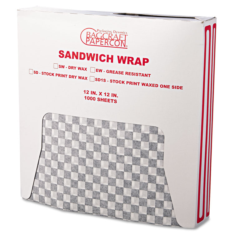 Bagcraft Grease-Resistant Paper Wraps and Liners, 12 x 12, Black Check, 1,000/Box, 5 Boxes/Carton (BGC057800)