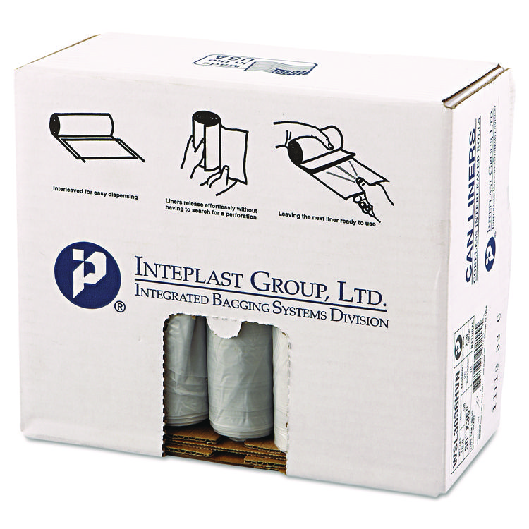 Inteplast Group Low-Density Commercial Can Liners, 30 gal, 0.58 mil, 30" x 36", Clear, Interleaved Roll, 25 Bags/Roll, 10 Rolls/Carton (IBSSL3036HVN)