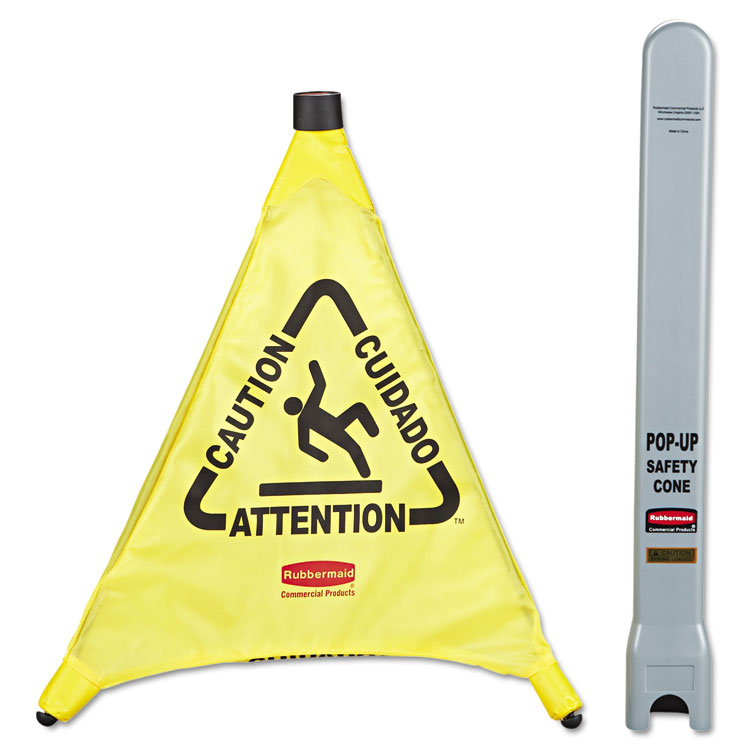 Rubbermaid Commercial Multilingual Pop-Up Safety Cone, 3-Sided, Fabric, 21 x 21 x 20, Yellow (RCP9S00YEL)