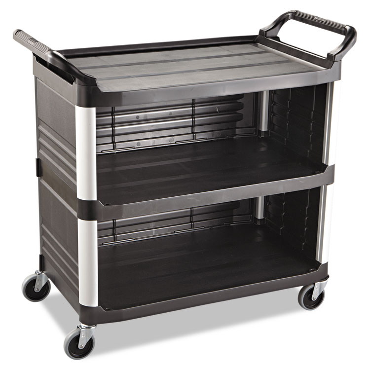 Rubbermaid Commercial Xtra Utility Cart with Enclosed Sides and Back, Plastic, 3 Shelves, 300 lb Capacity, 20" x 40.63" x 37.8", Black (RCP4093BLA)