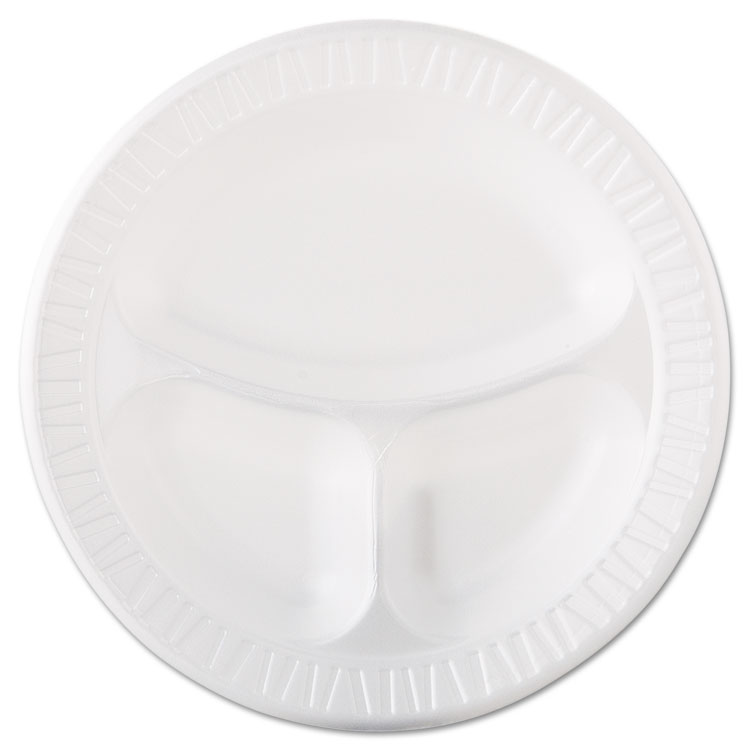 Classic Quiet Class Laminated Foam Dinnerware, 3-Compartment Plate, 10.25" dia, White, 125/Pack, 4 Packs/Carton (DCC10CPWQR)