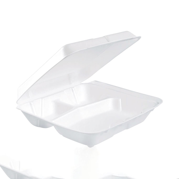 Dart Foam Hinged Lid Containers, 3 Compartments, 7.5 x 8 x 2.3, White, 200/Carton (DCC80HT3R)