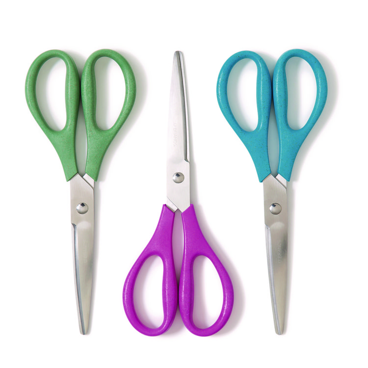 U Brands U-Eco Scissors, 9.45" Long, 3" Cut Length, Straight Assorted Color Handles, 3/Pack (UBR6607U0124)