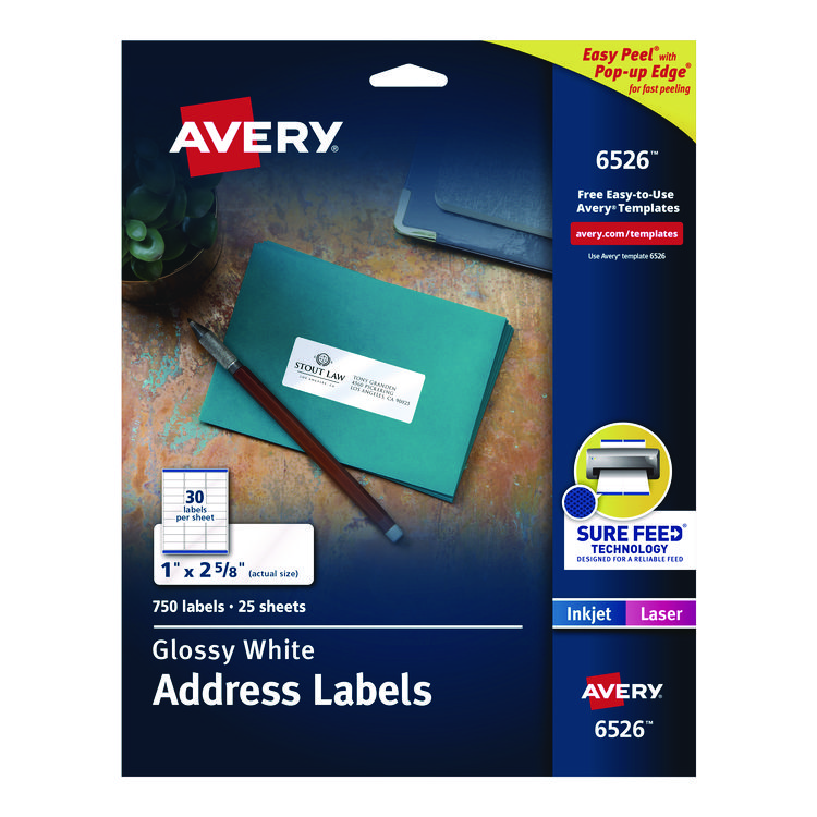 Avery Glossy White Easy Peel Mailing Labels w/ Sure Feed Technology, Laser Printers, 1 x 2.63, White, 30/Sheet, 25 Sheets/Pack (AVE6526)