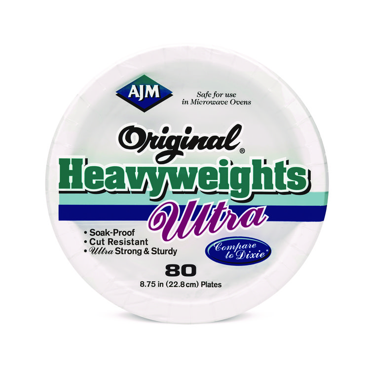 AJM Packaging Corporation Original Heavyweight Ultra Paper Plates, 9" dia, White, 960/Carton (AJMOH9AU012080A)