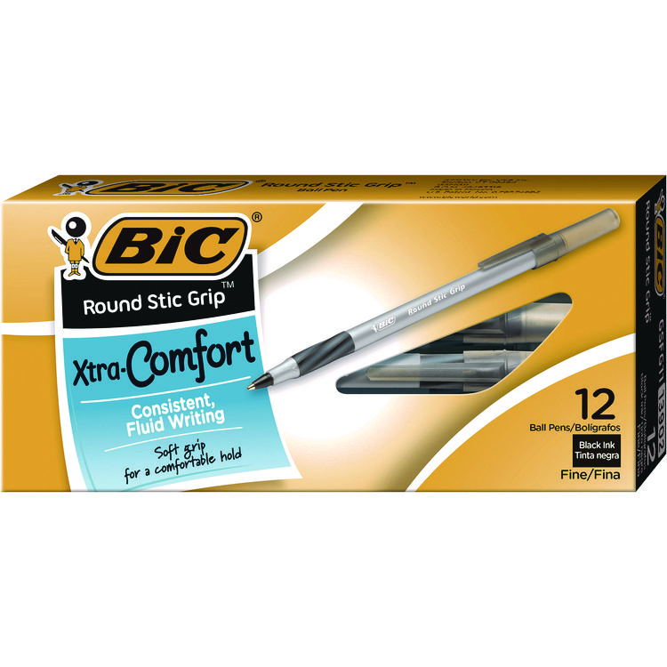 BIC Round Stic Grip Xtra Comfort Ballpoint Pen, Stick, Fine 0.8 mm, Black Ink, Gray/Black Barrel, Dozen (BICGSFG11BK)