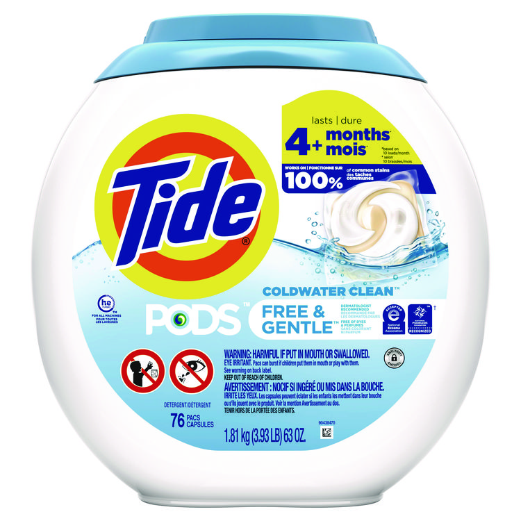 Tide PODS Laundry Detergent, Free and Gentle, HE Compatible, 63 oz Tub, 76 Pacs/Tub, 4 Tubs/Carton (PGC09488CT)