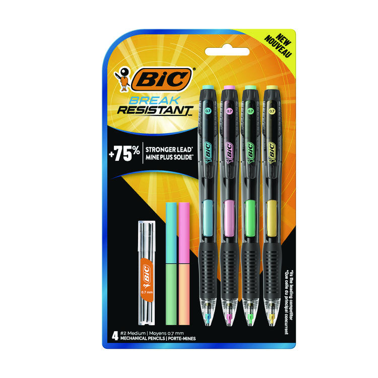 BIC Break-Resistant Mechanical Pencils with Erasers, 0.7 mm, HB (#2), Black Lead, Assorted Barrel Colors, 4/Pack (BICMV7PRP4BLK)