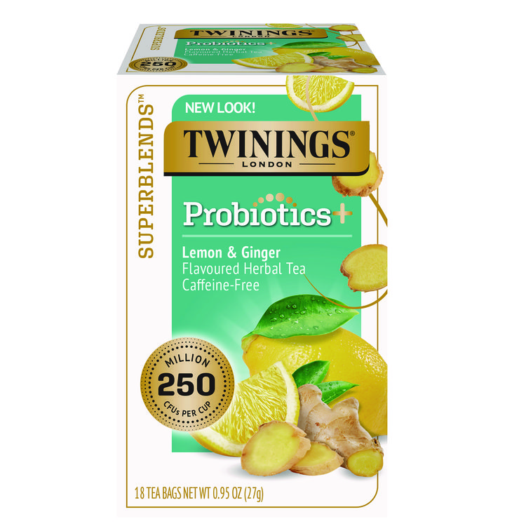 TWININGS Probiotics Lemon and Ginger Herbal Tea Bags, 0.05 oz, 18/Box (TWGTNA95223)