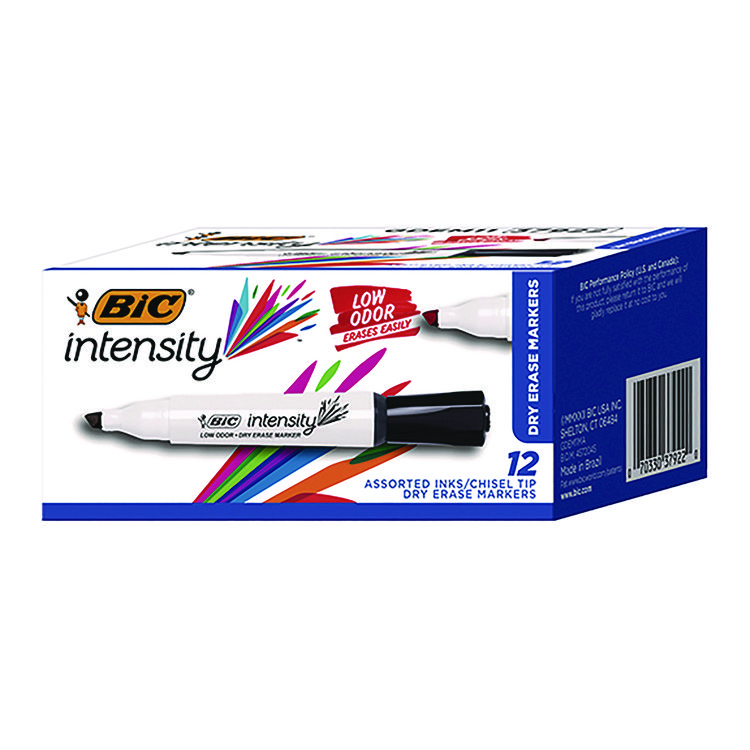 BIC Intensity Low Odor Chisel Tip Dry Erase Marker, Broad Chisel Tip, Assorted Colors, Dozen (BICGDEM11MAAST)
