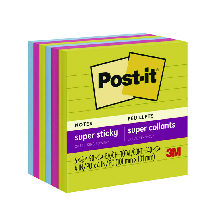 Post-it Notes Super Sticky Note Pads in Summer Joy Color Collection Colors, 4" x 4", Note Ruled, 90 Sheets/Pad, 6 Pads/Pack (MMM6756SSJOY)