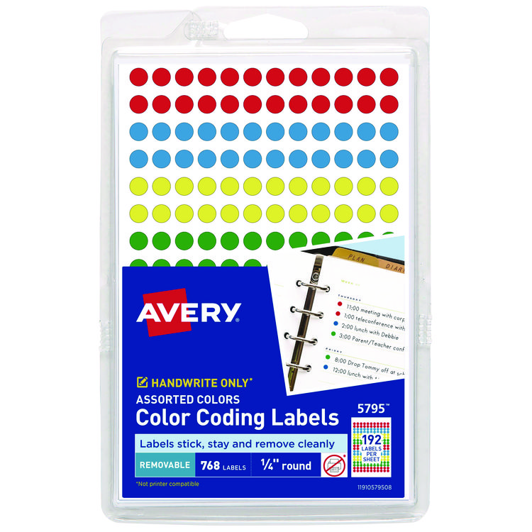 Avery Handwrite Only Self-Adhesive Removable Round Color-Coding Labels, 0.25" dia, Assorted, 192/Sheet, 4 Sheets/Pack, (5795) (AVE05795)