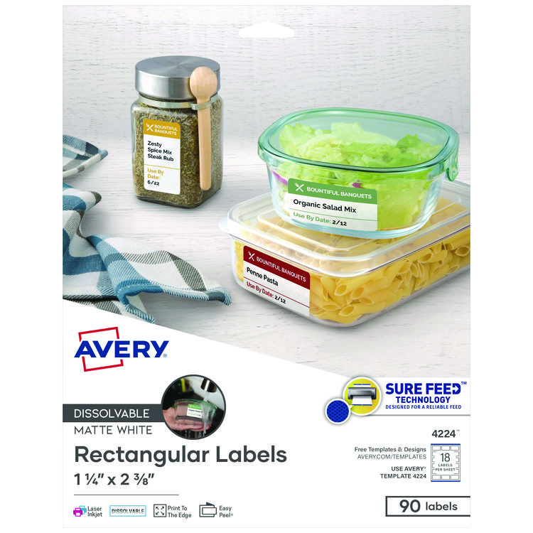 Avery White Dissolvable Labels w/ Sure Feed, 1.25 x 2.38, White, 90/PK (AVE4224)