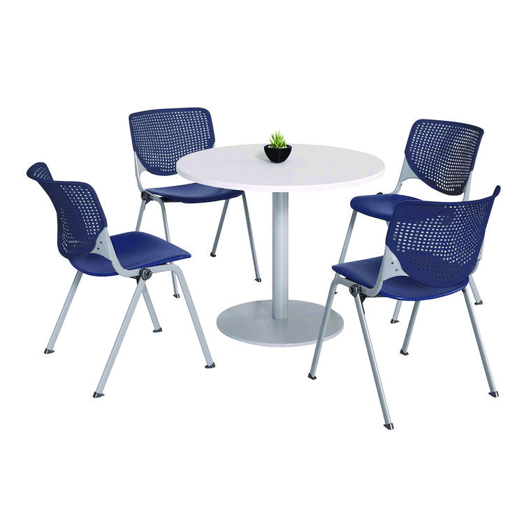 KFI Studios Pedestal Table with Four Navy Kool Series Chairs, Round, 36" Dia x 29h, Designer White (KFI811774036665)