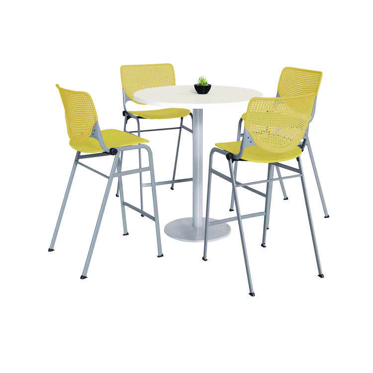 KFI Studios Pedestal Bistro Table with Four Yellow Kool Series Barstools, Round, 36"Dia x 41h, Designer White (KFI811774037099)