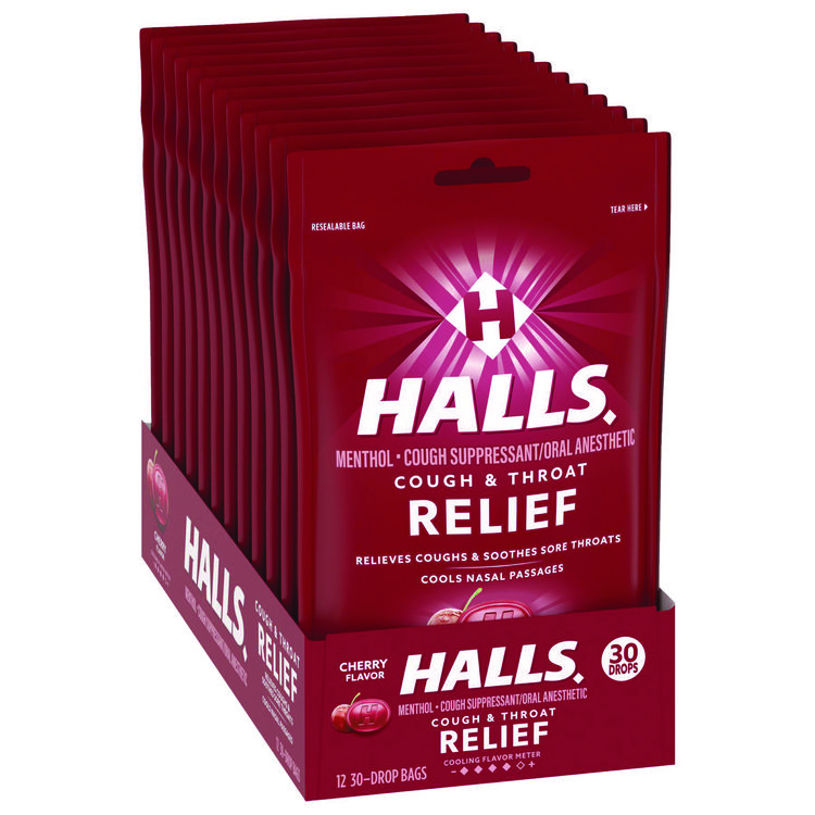 HALLS Triple Action Cough Drops, Cherry, 30/Bag, 12 Bags/Box (CDB27499)