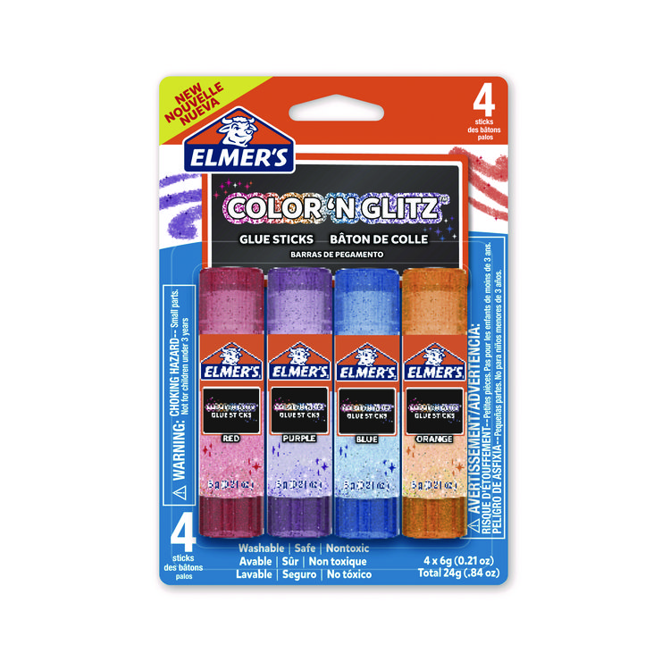 Elmer's Glitter Glue Sticks, 0.21 oz, Applies Assorted Colors, Dries Clear Glitter, 4/Pack (EPI2197114)