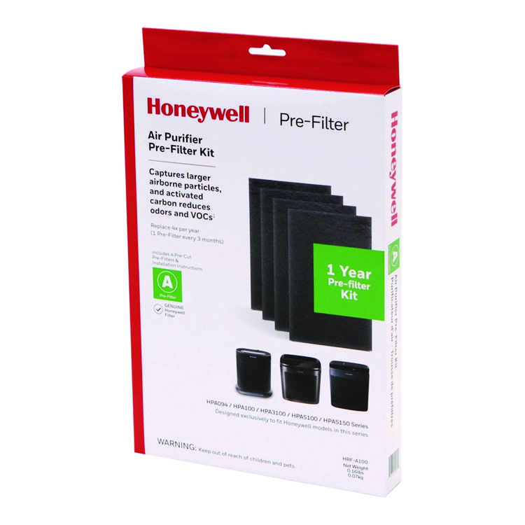 Honeywell Pre-Cut Carbon Pre-Filter, Fits Models: HPA094/HPA100/HPA101/HPA104/HPA105/HPA106/HPA3100/HPA5100/HPA5150, Box of 4 Filters (HWLHRFA100)