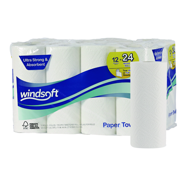 Windsoft Premium Kitchen Roll Towels, 2-Ply, 11 x 6, White, 110/Roll, 12 Rolls/Carton (WIN12216)