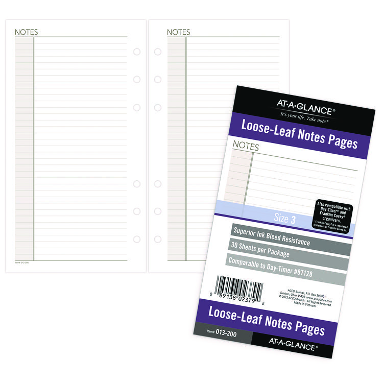 AT-A-GLANCE Lined Notes Pages for Planners/Organizers, 6.75 x 3.75, White Sheets, Undated, 30 Sheets (AAG013200)