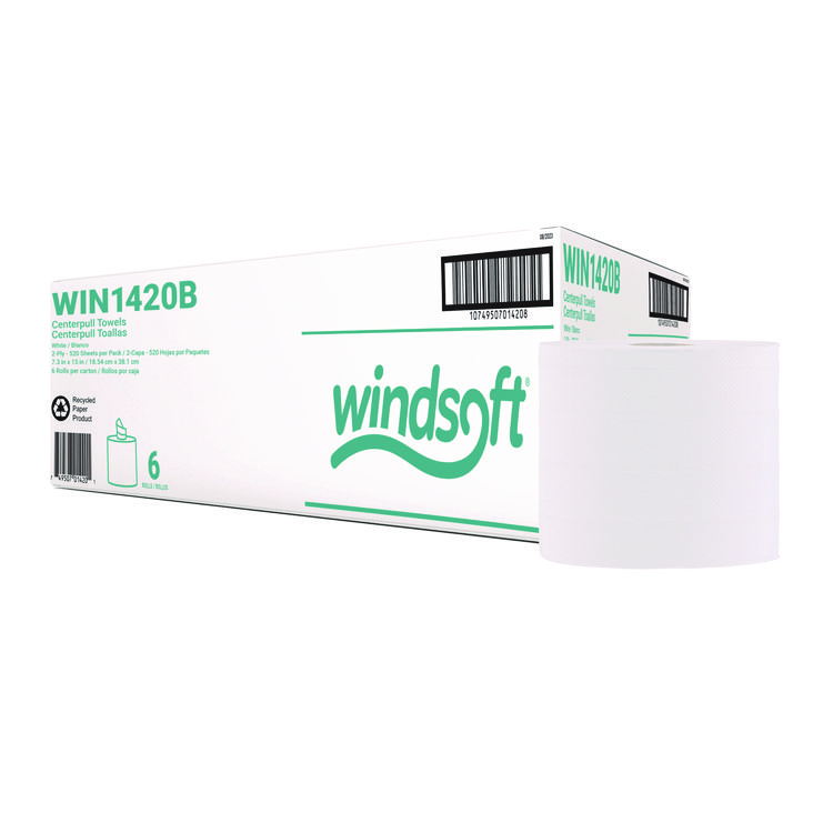 Windsoft Center-Flow Perforated Paper Towel Roll, 7.3 x 15, White, 6 Rolls/Carton (WIN1420B)