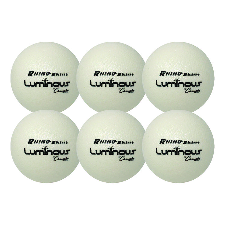 Champion Sports Rhino Skin Luminous Dodgeball Set, 6.3" Diameter, Luminous White/Blue, 6/Set (CSIRXLUMSET)