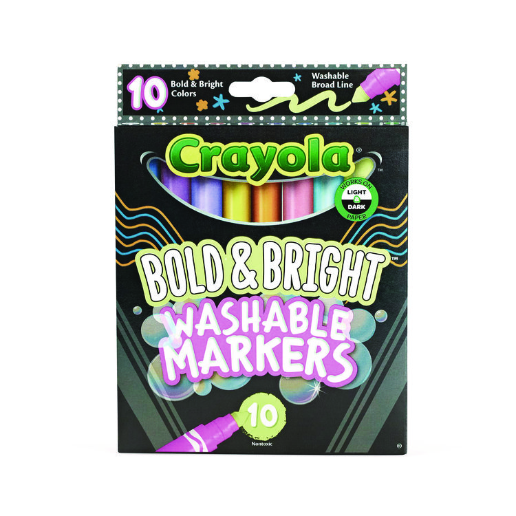 Crayola Bold and Bright Washable Markers, Broad Bullet Tip, Assorted Colors, 10/Box (CYO587735)