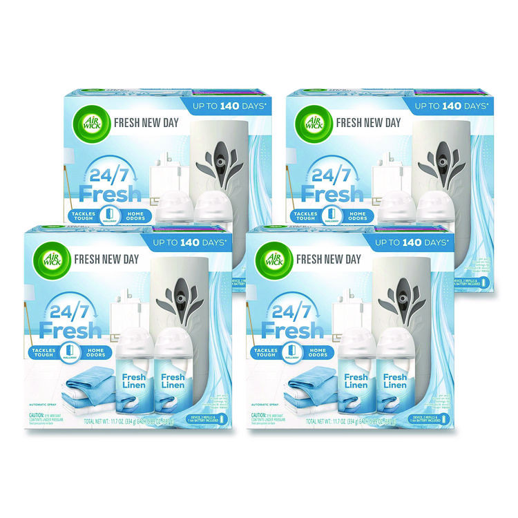 Air Wick Freshmatic Ultra Automatic Starter Kit, Gadget/(2) 5.89 oz Fresh Linen Refills/AA Battery, 4 Kits/Carton (RAC01918CT)