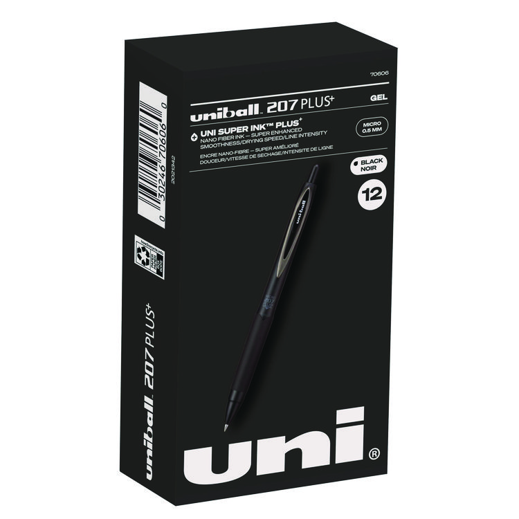uniball 207 Plus+ Gel Pen, Retractable, Micro 0.5 mm, Black Ink, Black Barrel, Dozen (UBC70606)