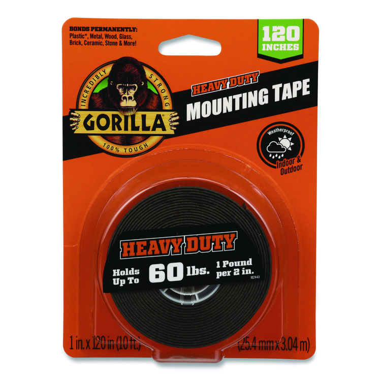 Gorilla Heavy Duty Mounting Tape, Permanent, Holds Up to 60 lb (1 lb per 2 in), 1 x 120, Black (GOR102441)