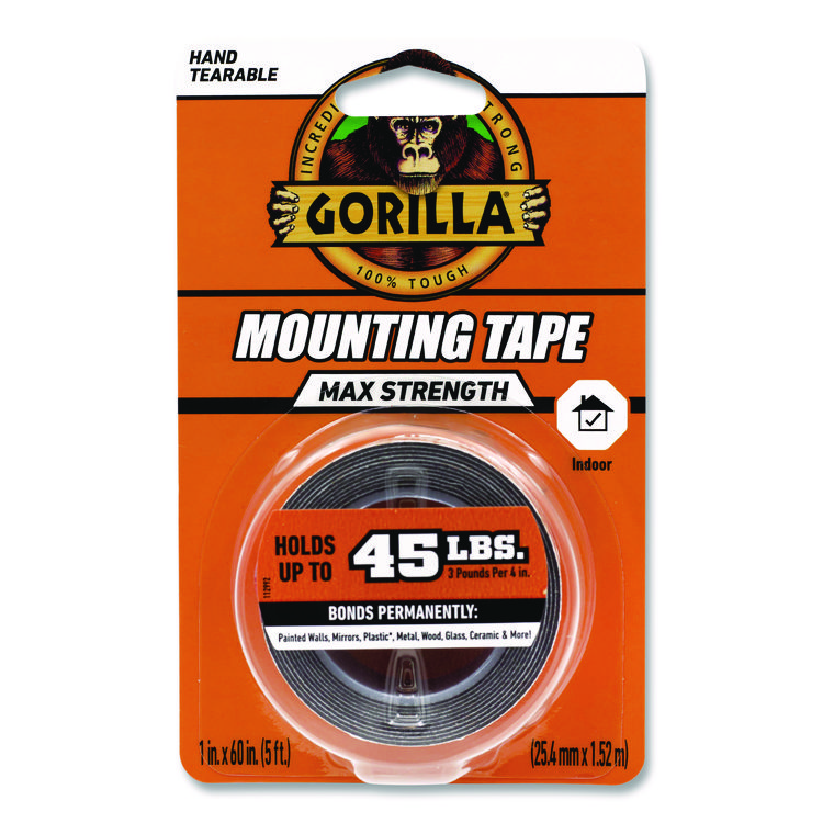 Gorilla Max Strength Mounting Tape, Permanent, Holds Up to 45 lb (3 lbs per 4 in), 1 x 60, Black (GOR112962)