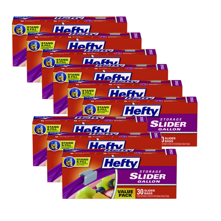 Hefty Slider Stand and Fill Food Storage Bags, Gallon, 10.56" x 11", Clear, 30 Bags/Box, 9 Boxes/Carton (RFPR88071CT)