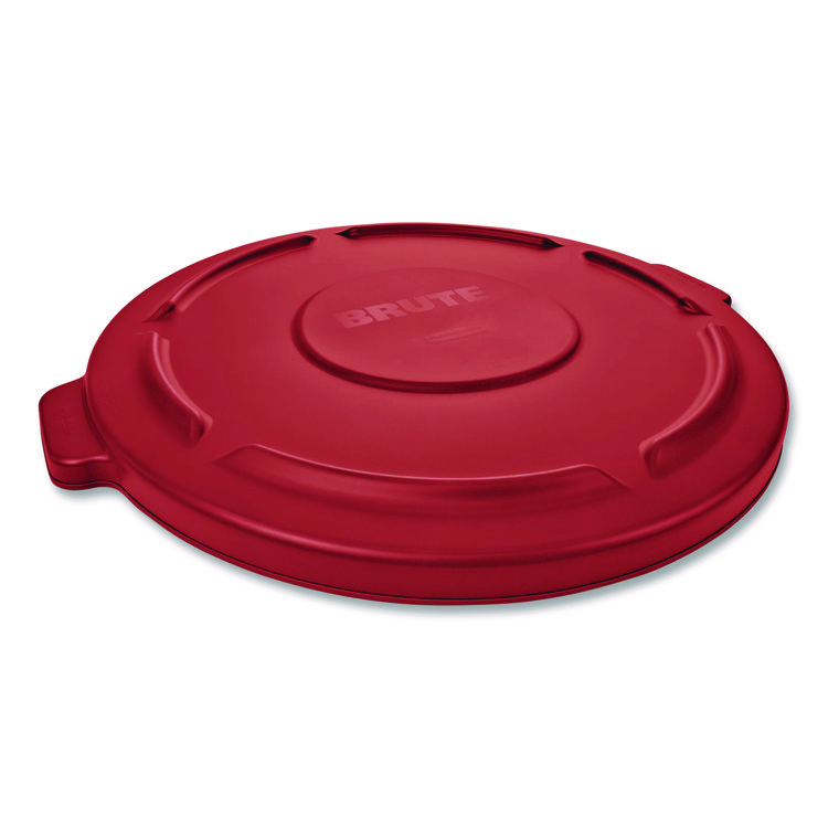 Rubbermaid Commercial BRUTE Self-Draining Flat Top Lids for 32 gal Round BRUTE Containers, 22.25" Diameter x 3"h, Red, 3/Carton (RCP2654REDCT)
