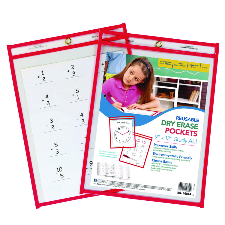 C-Line Reusable Dry Erase Pockets, Super Heavy-Duty, Top Load 9 x 12 Insert, Clear Front, Neon Red Border, 30/Pack (CLI40814)