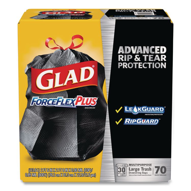 Glad ForceFlexPlus Drawstring Large Trash Bags, 30 gal, 1.05 mil, 30" x 32", Black, 70/Box (CLO70358)