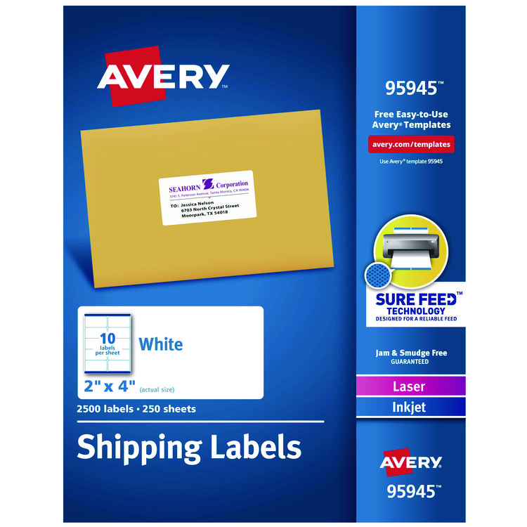 Avery White Shipping Labels-Bulk Packs, Inkjet/Laser Printers, 2 x 4, White, 10/Sheet, 250 Sheets/Box (AVE95945)