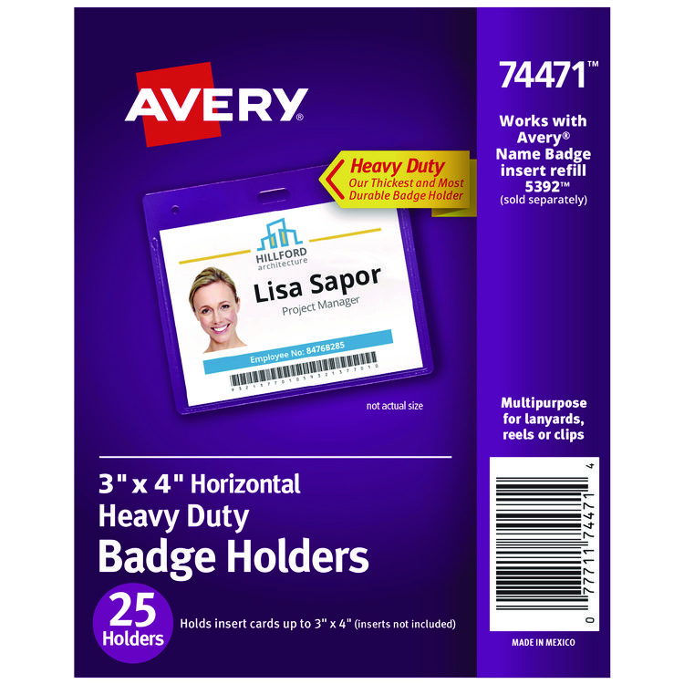 Avery Secure Top Heavy-Duty Badge Holders, Horizontal, 4w x 3h, Clear, 25/Pack (AVE74471)