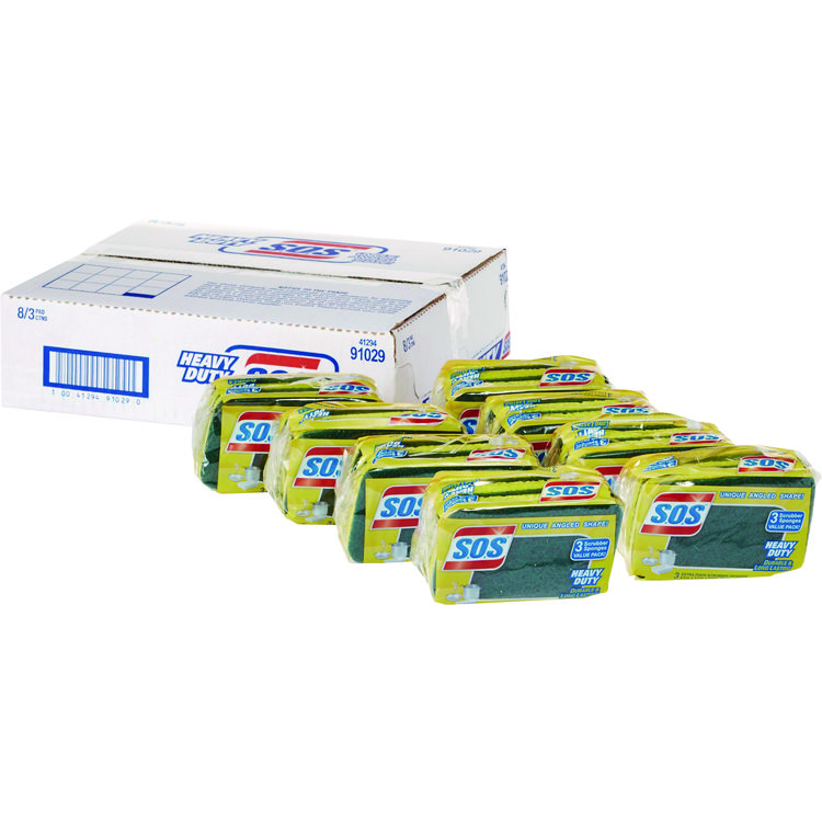 S.O.S. Heavy Duty Scrubber Sponge, 2.5 x 4.5, 0.9" Thick, Yellow/Green, 3/Pack, 8 Packs/Carton (CLO91029CT)