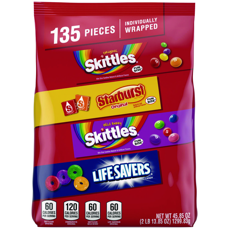 MARS Skittles, Starburst and Life Savers Fun Size Fruity Candy Assortment, 45.85 oz Bag, 135 Pieces, Individually Wrapped (SKT29689)