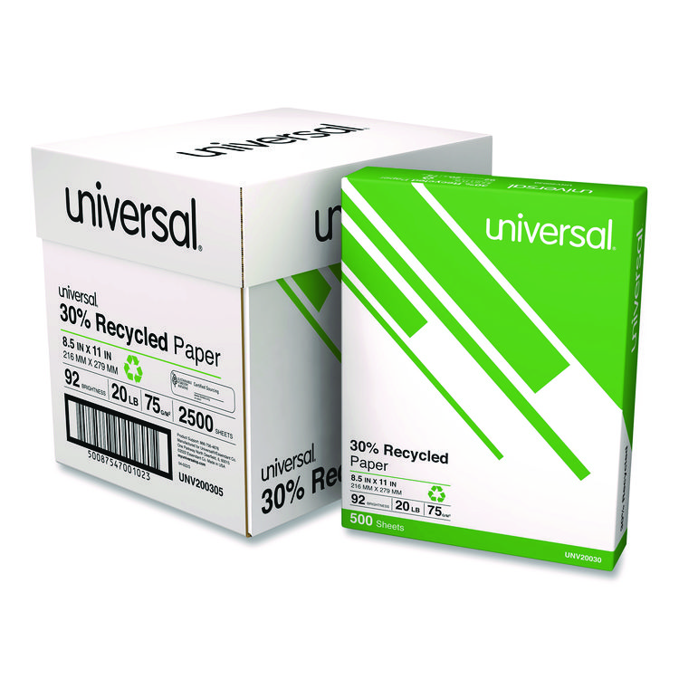 Universal 30% Recycled Copy Paper, 92 Bright, 20 lb Bond Weight, 8.5 x 11, White, 500 Sheets/Ream, 5 Reams/Carton (UNV200305)