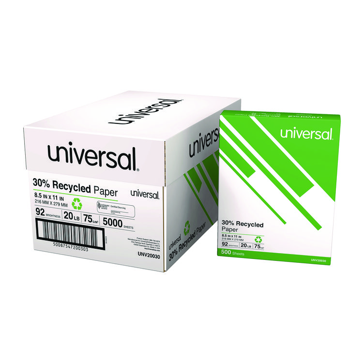 Universal 30% Recycled Copy Paper, 92 Bright, 20 lb Bond Weight, 8.5 x 11, White, 500 Sheets/Ream, 10 Reams/Carton (UNV20030)