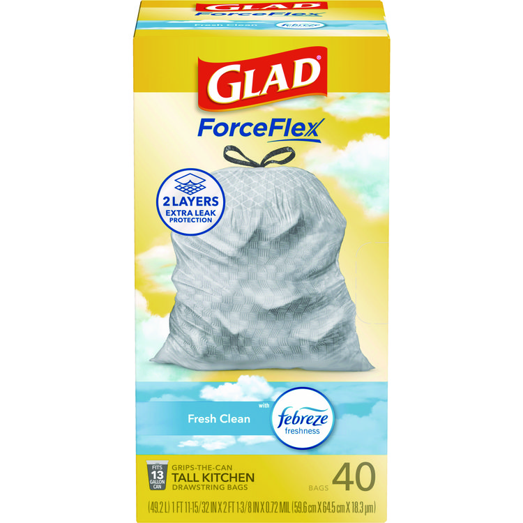 Glad ForceFlex Kitchen Drawstring Trash Bags, 13 gal, Gain Fresh Clean Scent, 24 x 27.38, White, 40 Bags/Box, 6 Boxes/Carton (CLO78361)