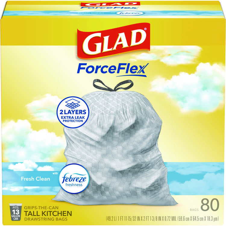 Glad ForceFlex Kitchen Drawstring Trash Bags, 13 gal, Gain Fresh Clean Scent, 24 x 27.38, White, 80/Box (CLO78899BX)