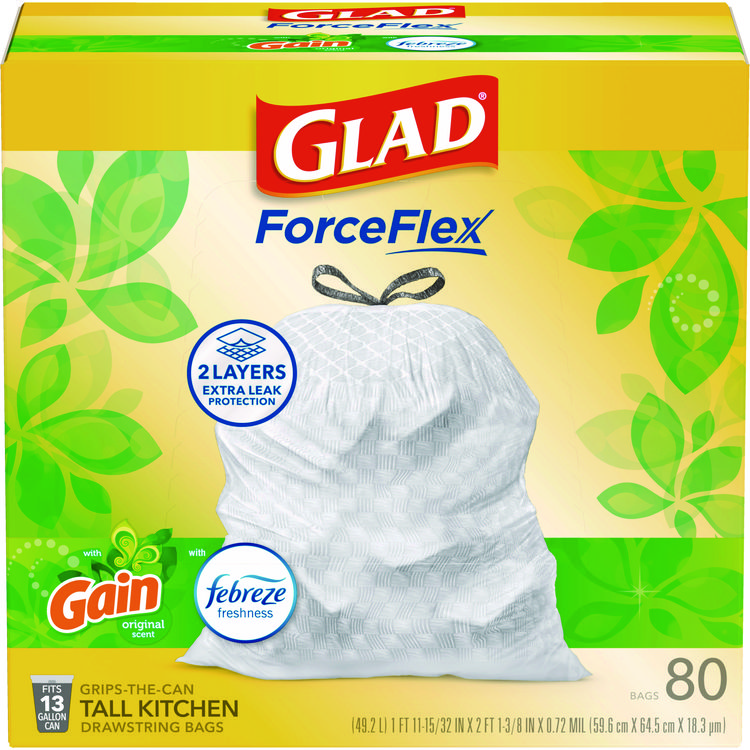 Glad ForceFlex Kitchen Drawstring Trash Bags, 13 gal, Gain Original Scent, 24 x 27.38, White, 80/Box (CLO78900BX)