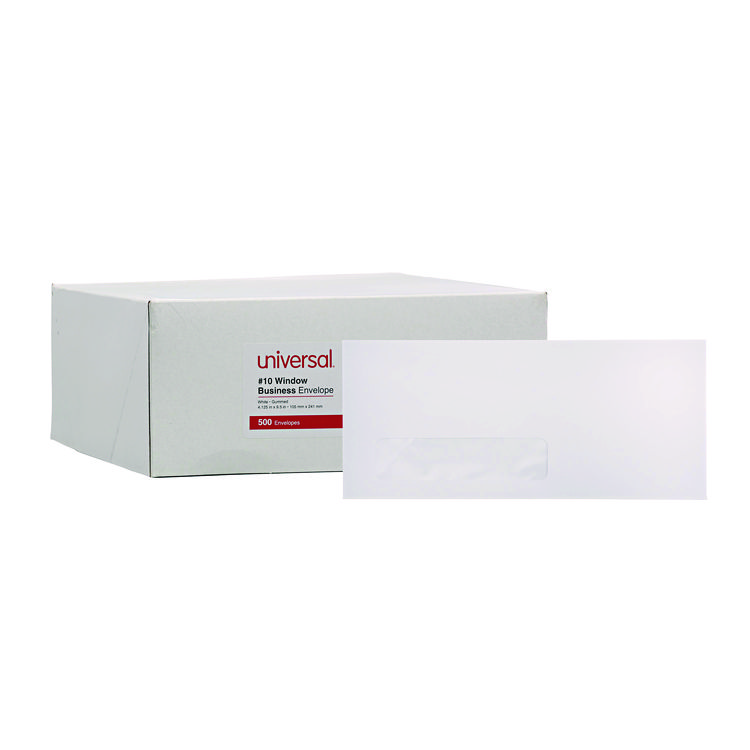 Universal Open-Side Business Envelope, 1 Window, #10, Commercial Flap, Gummed Closure, 4.13 x 9.5, White, 500/Box (UNV35211)