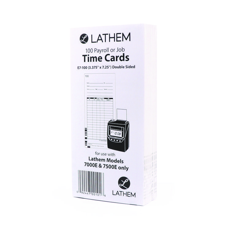 Lathem Time Time Clock Cards for Lathem Time 7000E, Two Sides, 3.5 x 7.25, 100/Pack (LTHE7100)